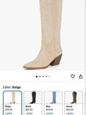 Beige Suede Over-the-Knee Western Cowboy Boot with Stacked Heel